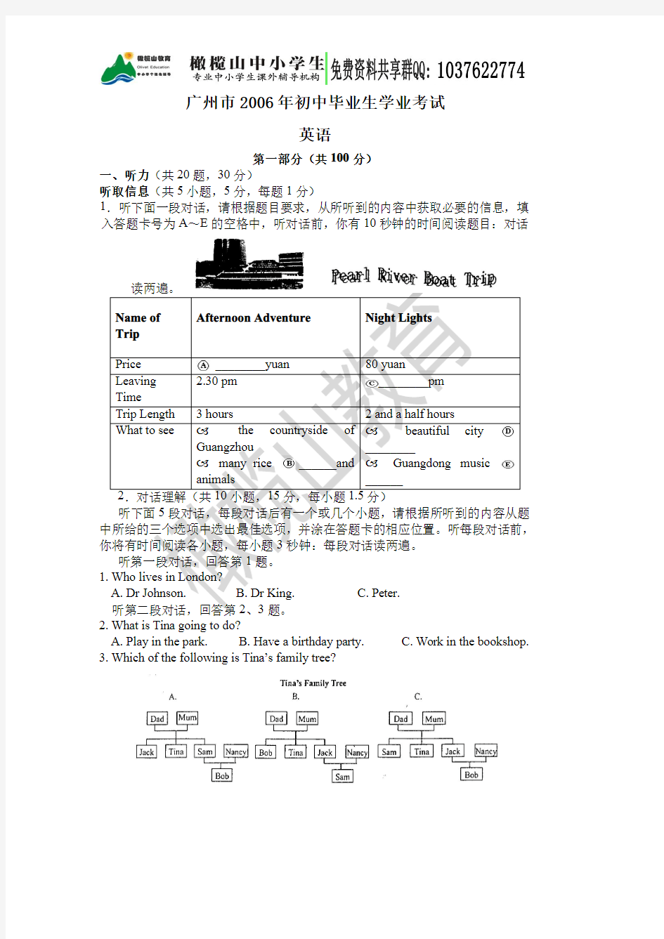 2006年广州市中考英语试卷(含参考答案)