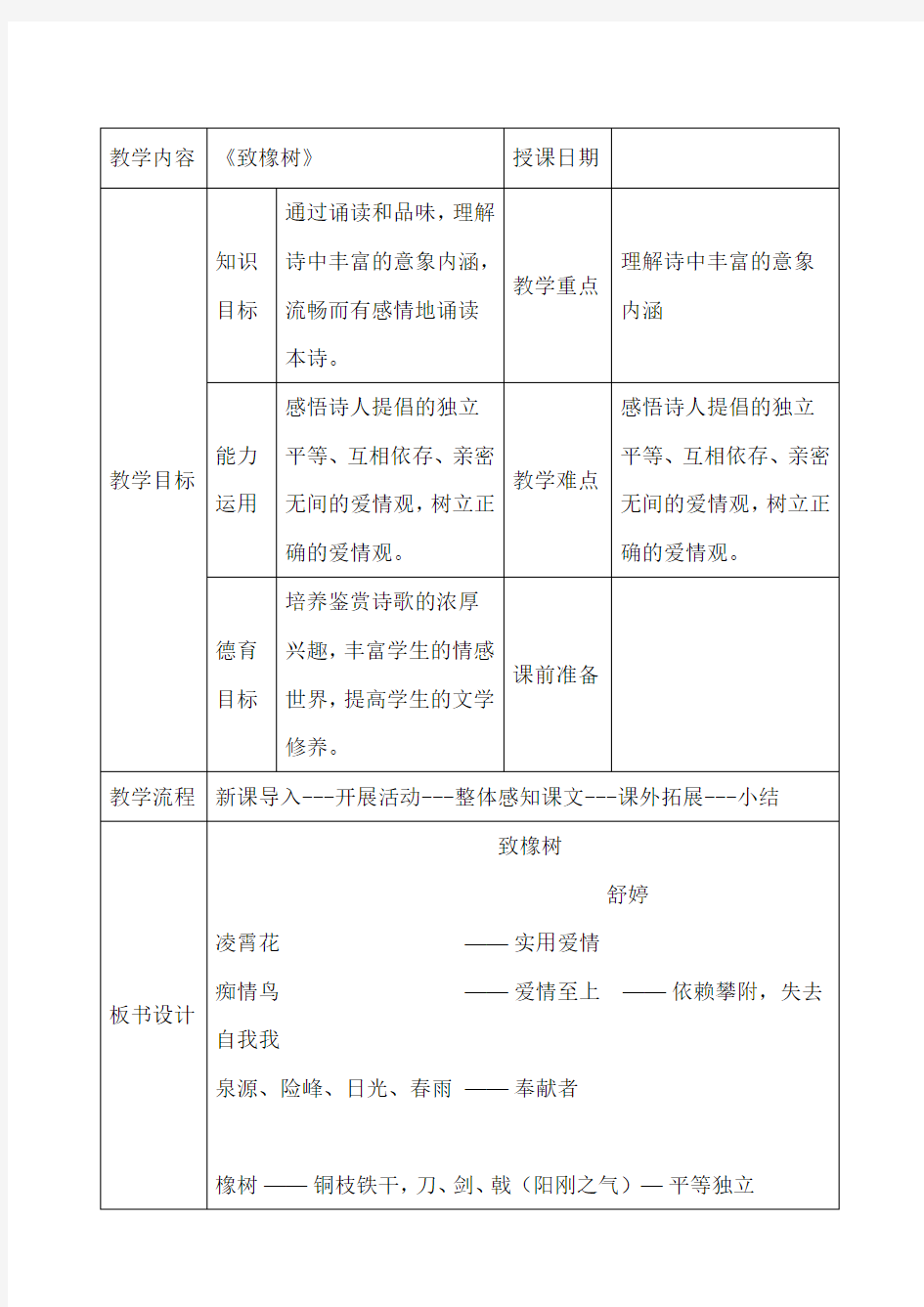 最新中职语文基础模块上册教案集：致橡树