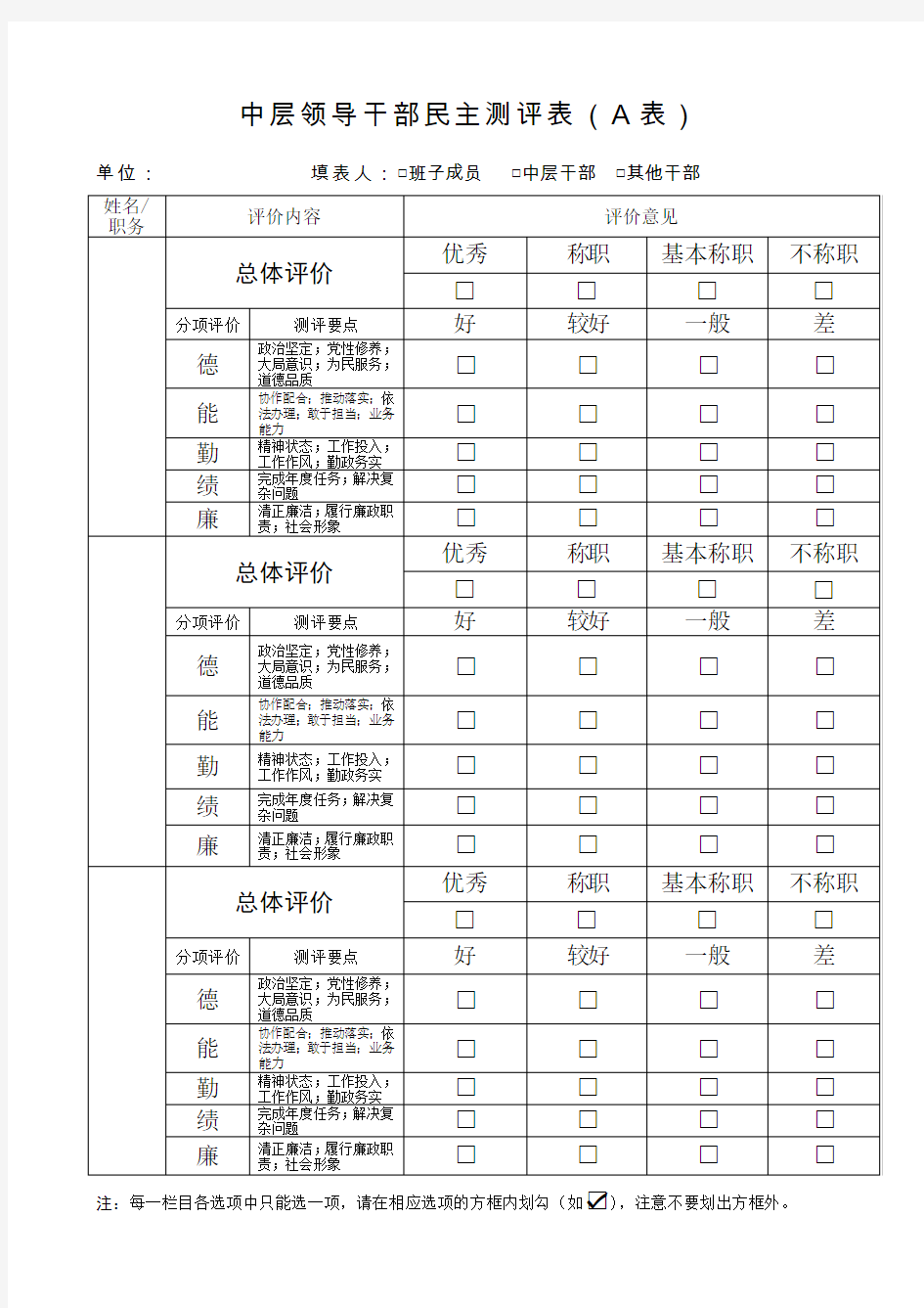 中层领导干部民主测评表