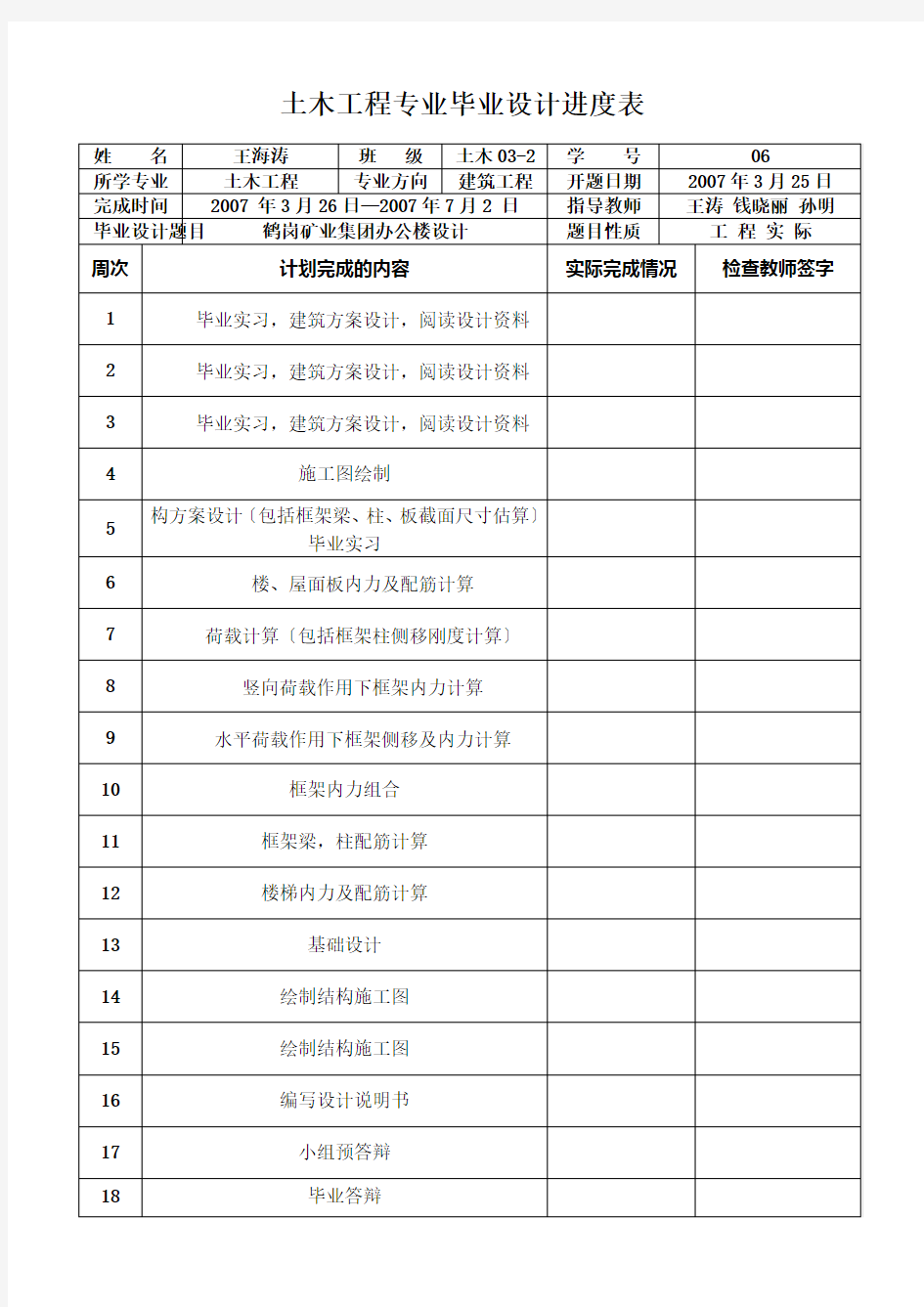 土木工程专业毕业设计进度表