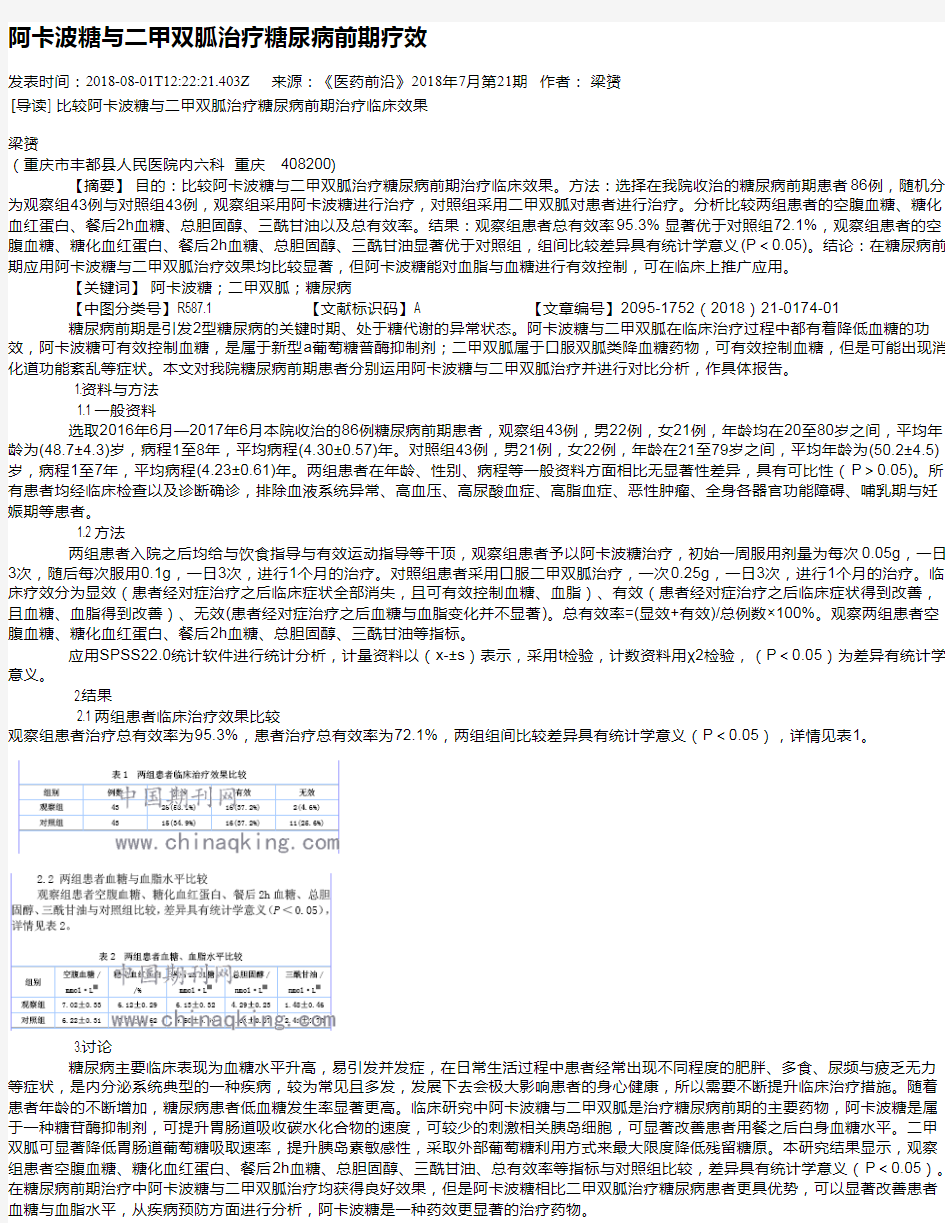 阿卡波糖与二甲双胍治疗糖尿病前期疗效