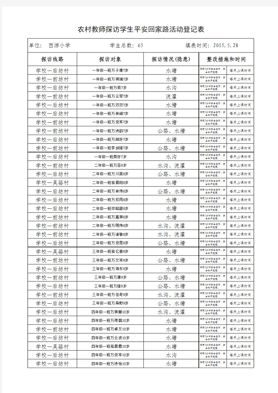 西游小学农村教师探访学生平安回家路活动登记表