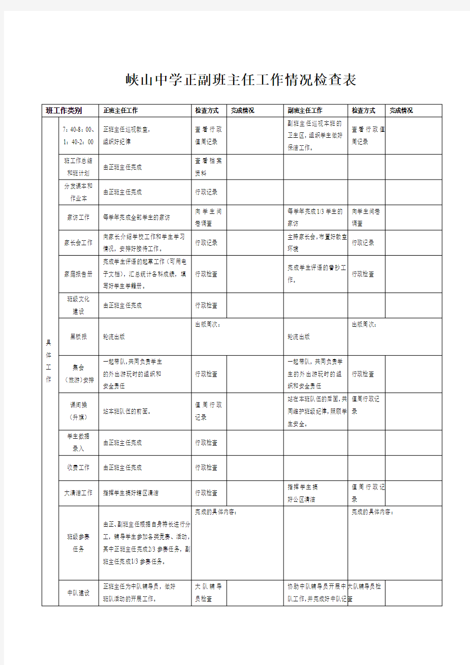 正副班主任工作分工安排