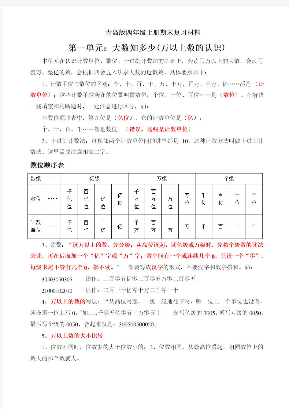 新青岛版四年级数学上册知识点归纳