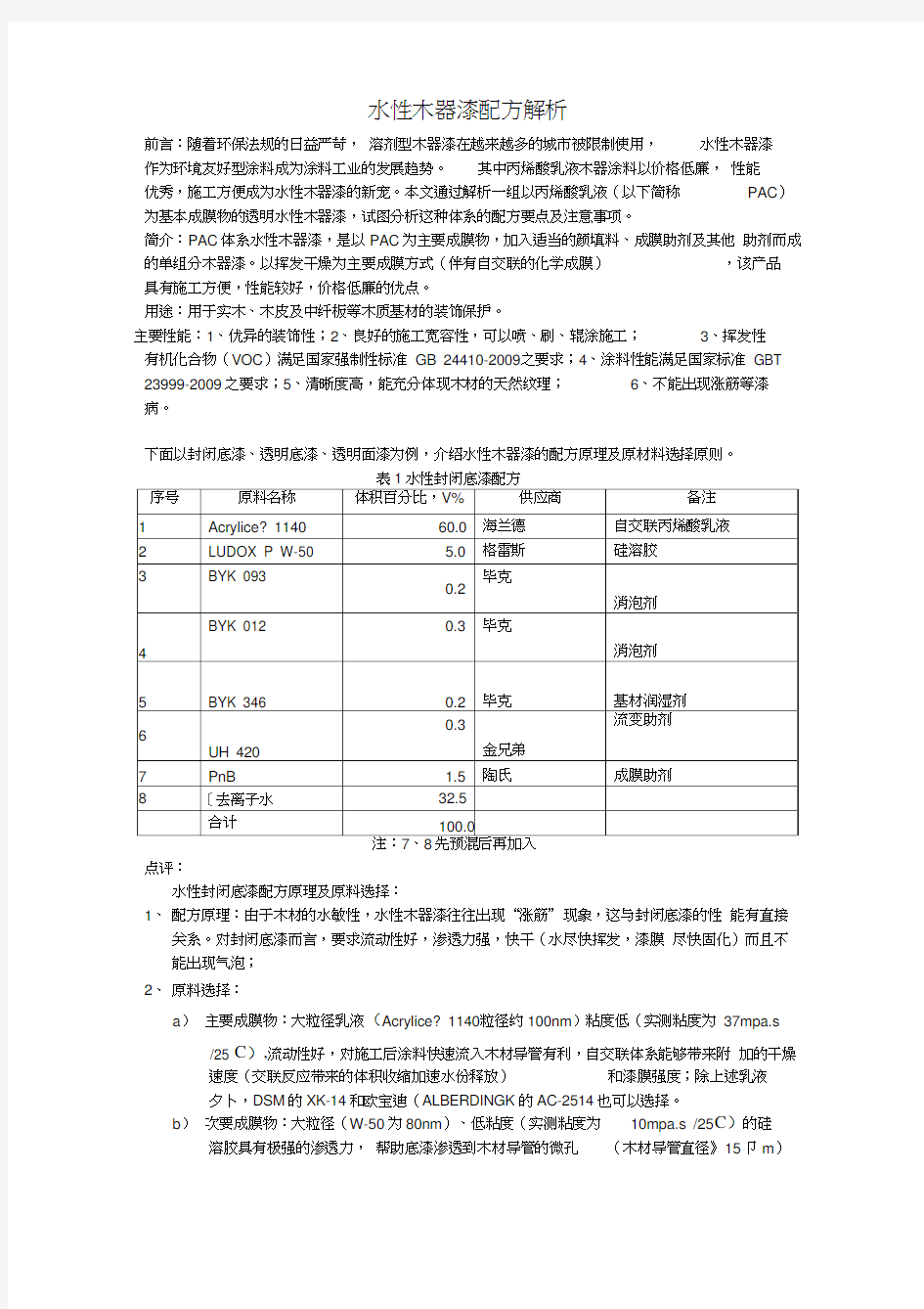 最新水性木器漆配方解析