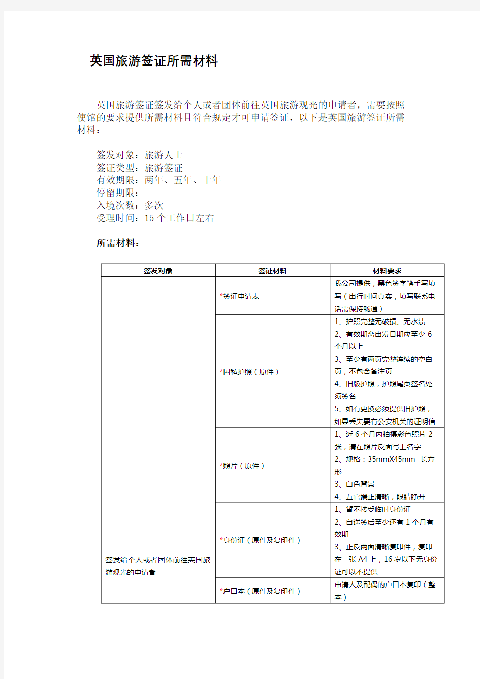 英国旅游签证所需材料【模板】