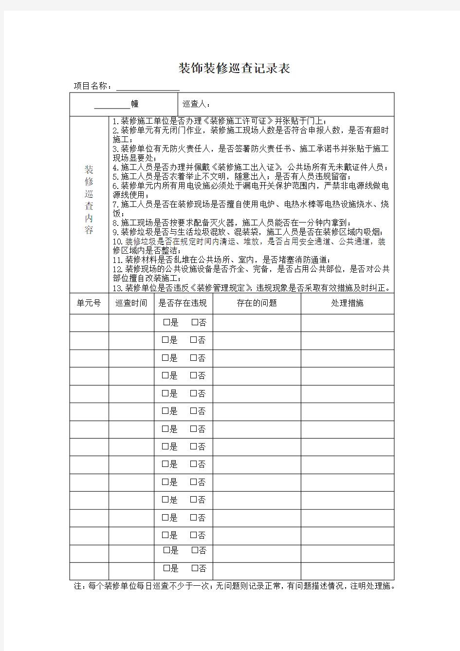 业主装修巡查记录表