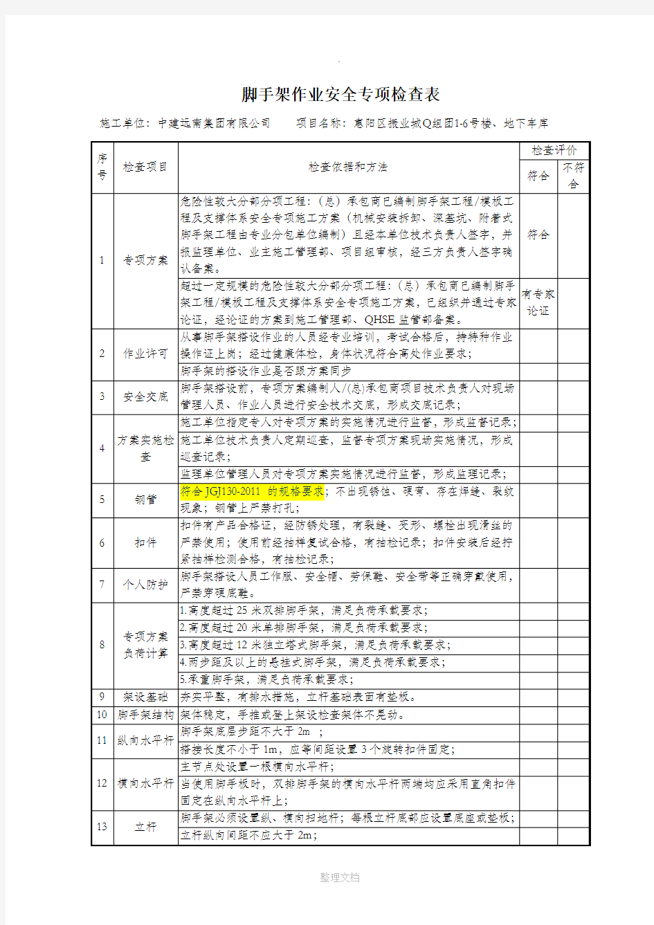 脚手架作业专项安全检查表