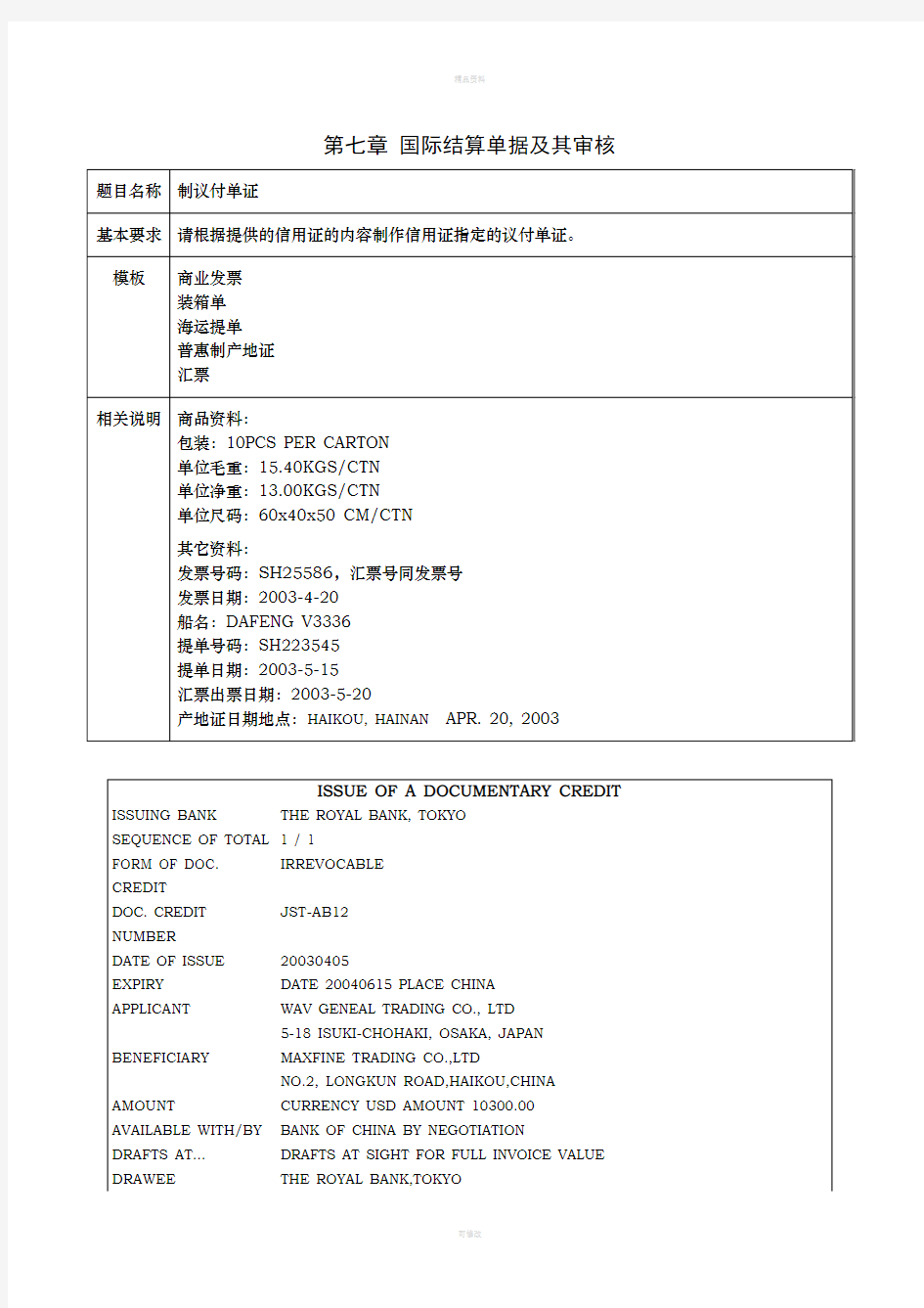 第七章 国际结算单据及其审核练习题