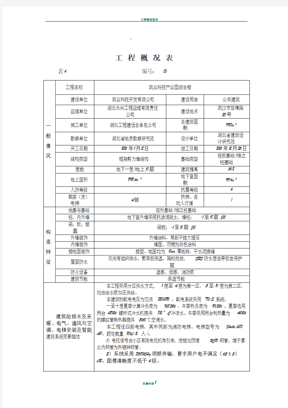 工程概况表模板