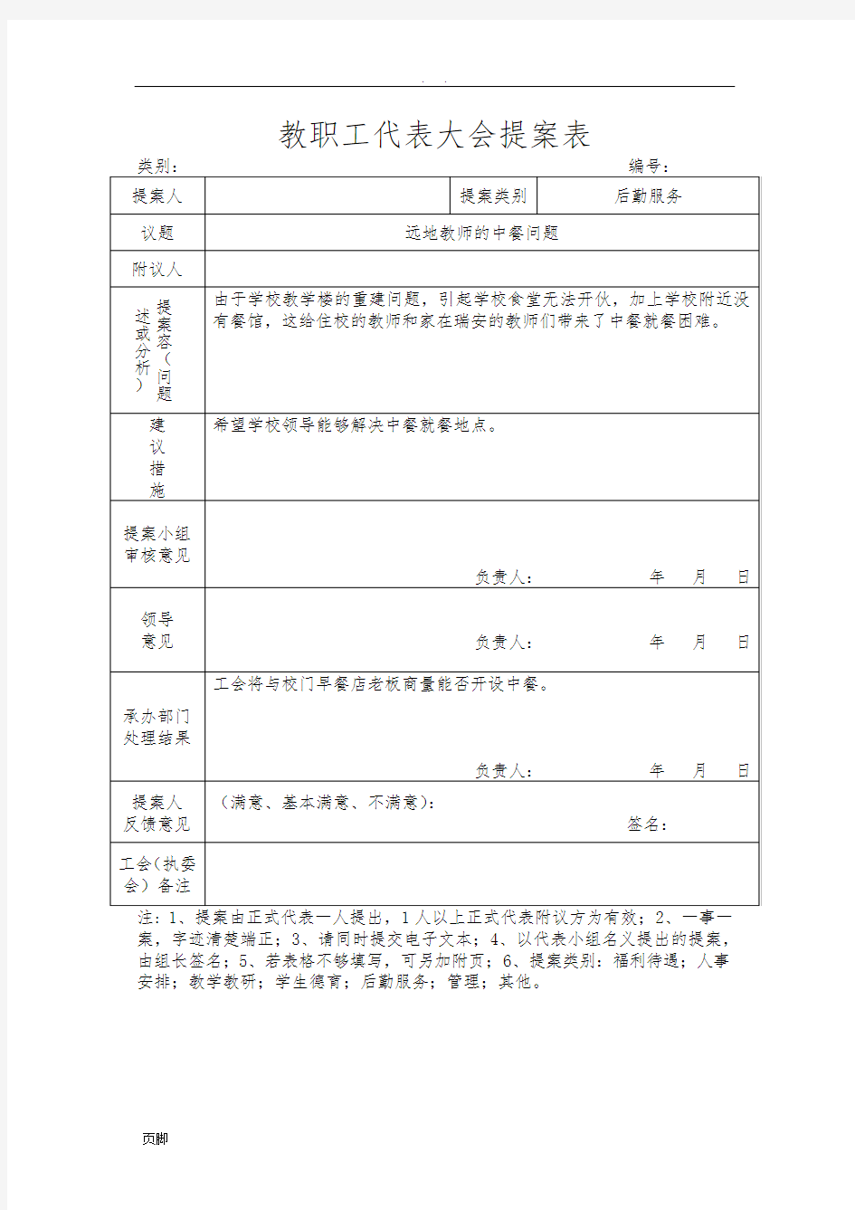 小学教职工代表大会提案表共15张