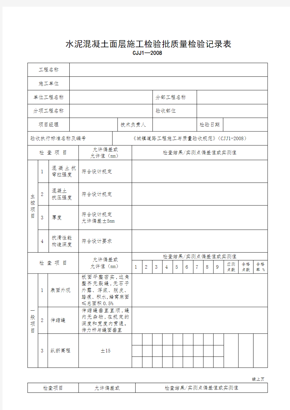 水泥混凝土面层施工检验批质量检验记录