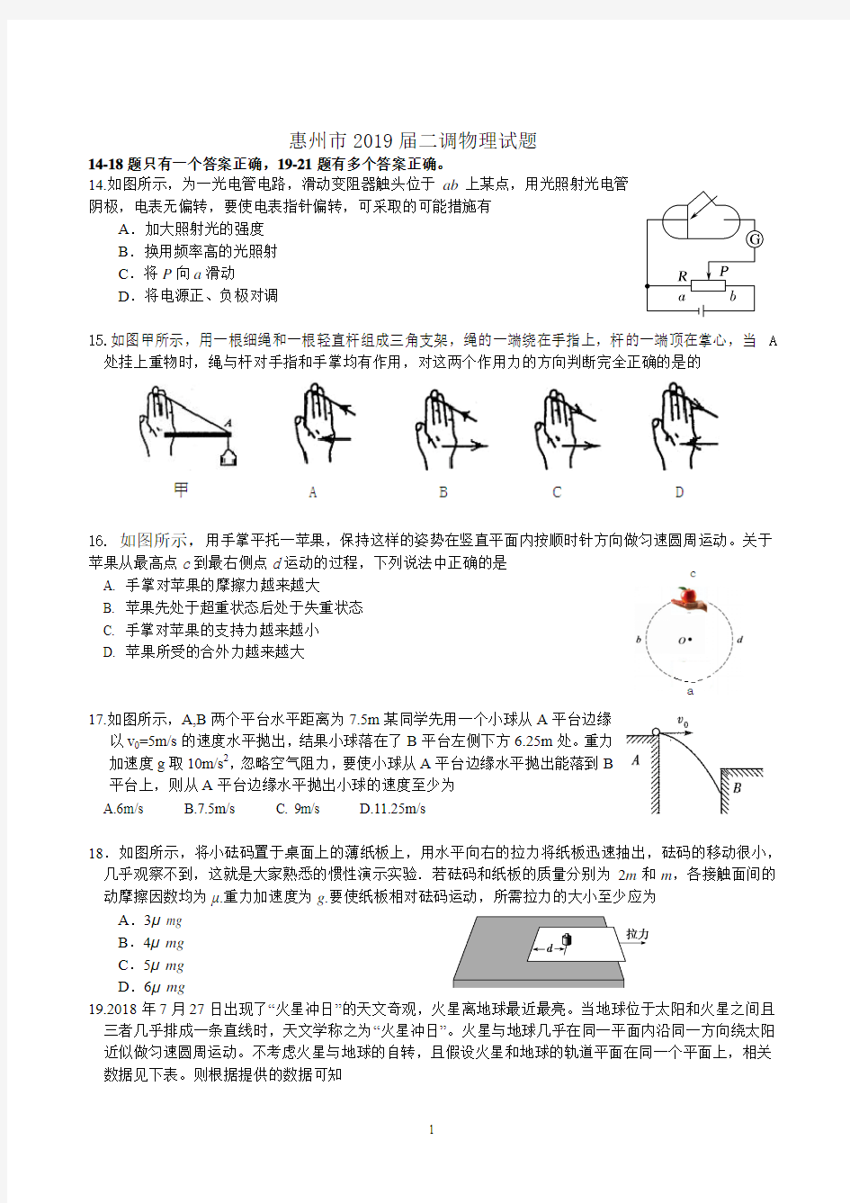 惠州市2019届高三第二次调研考试理科综合试题物理