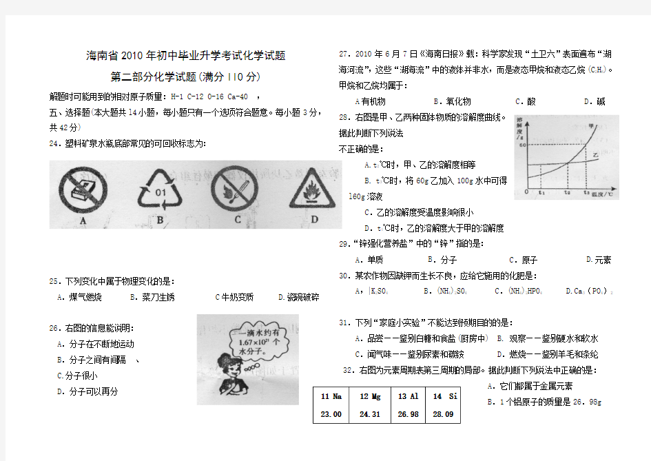 海南中考化学试题及答案