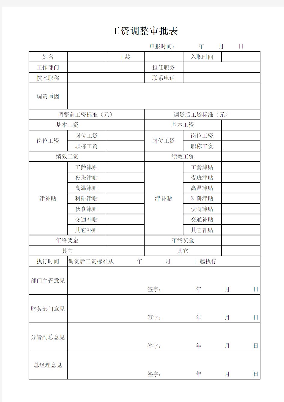 工资调整审批表