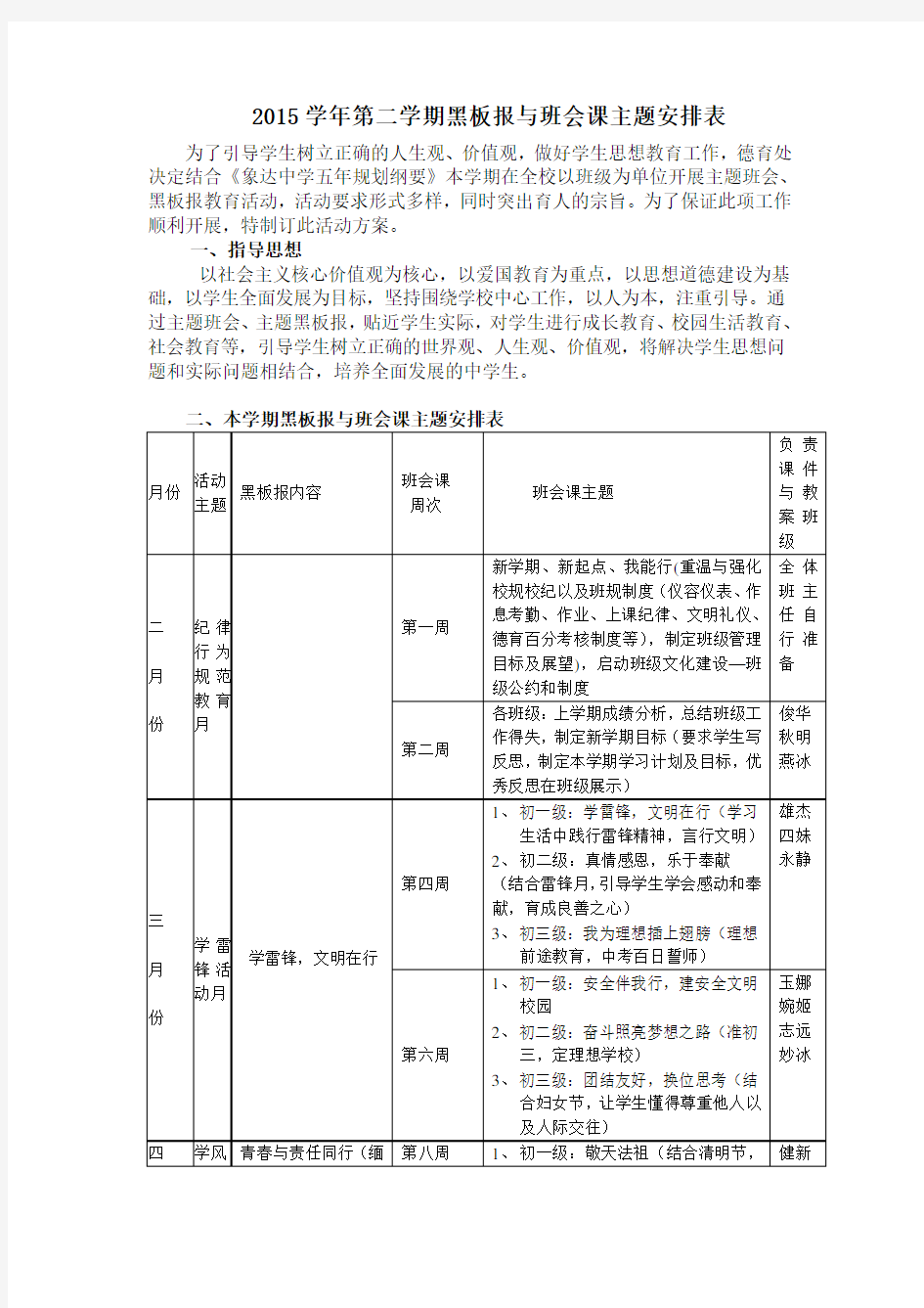 2015学年第二学期黑板报与班会课主题安排表