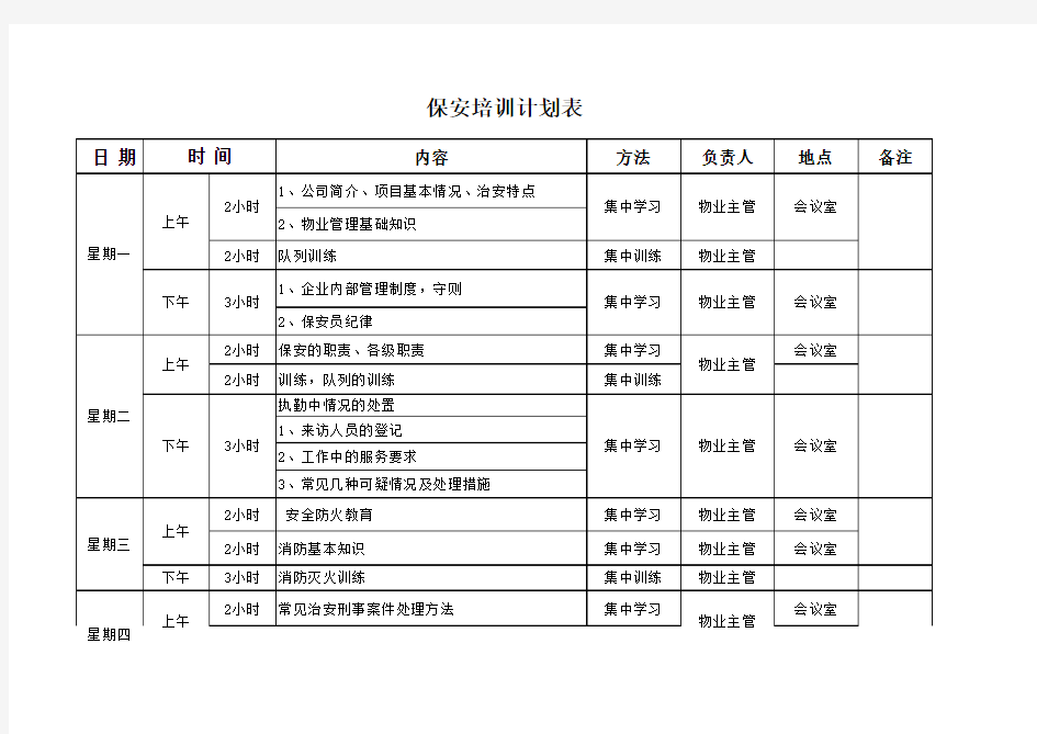 保安培训计划表