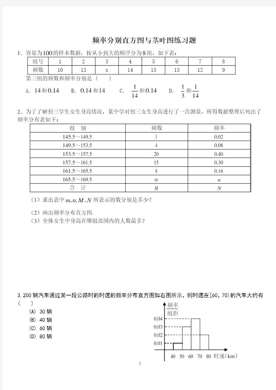 频率分布直方图和茎叶图练习