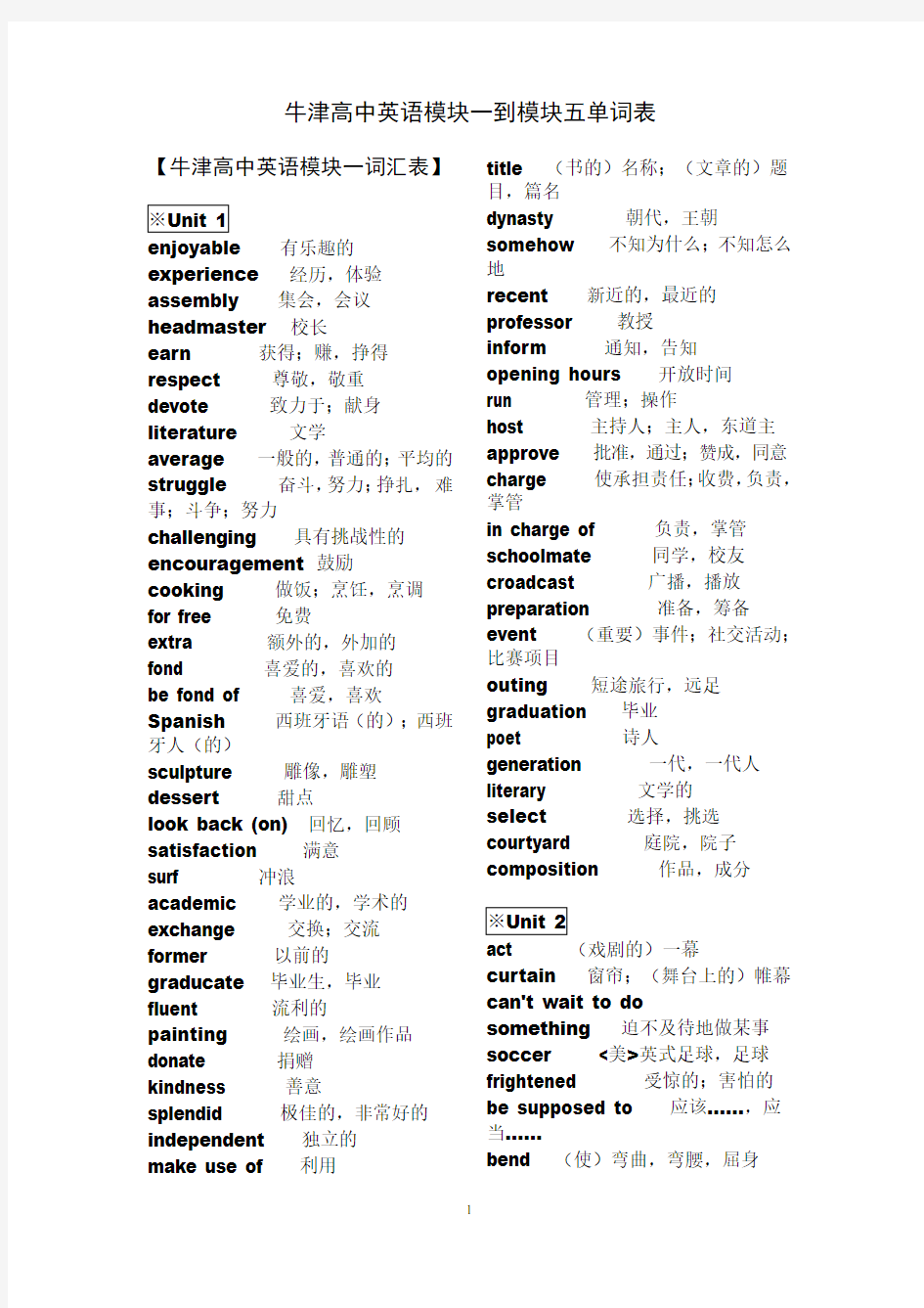 牛津高中英语模块1-5单词表(必修)