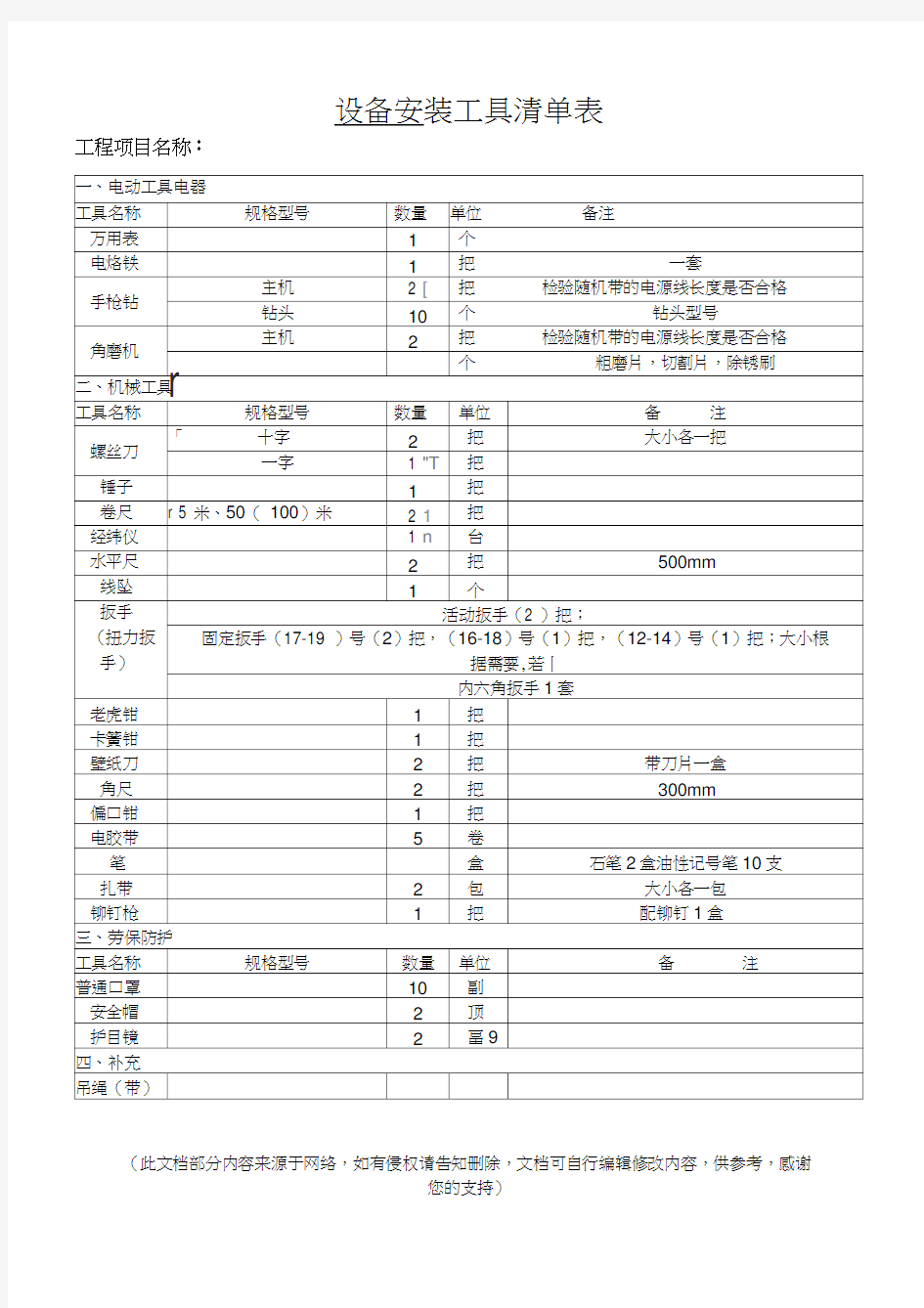 设备安装工具清单