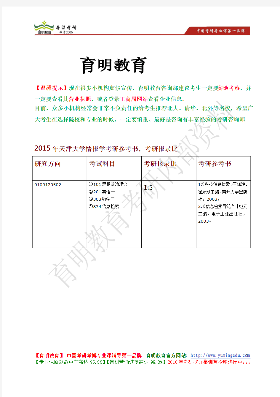 2015年天津大学情报学考研参考书,考研招生人数,考研经验