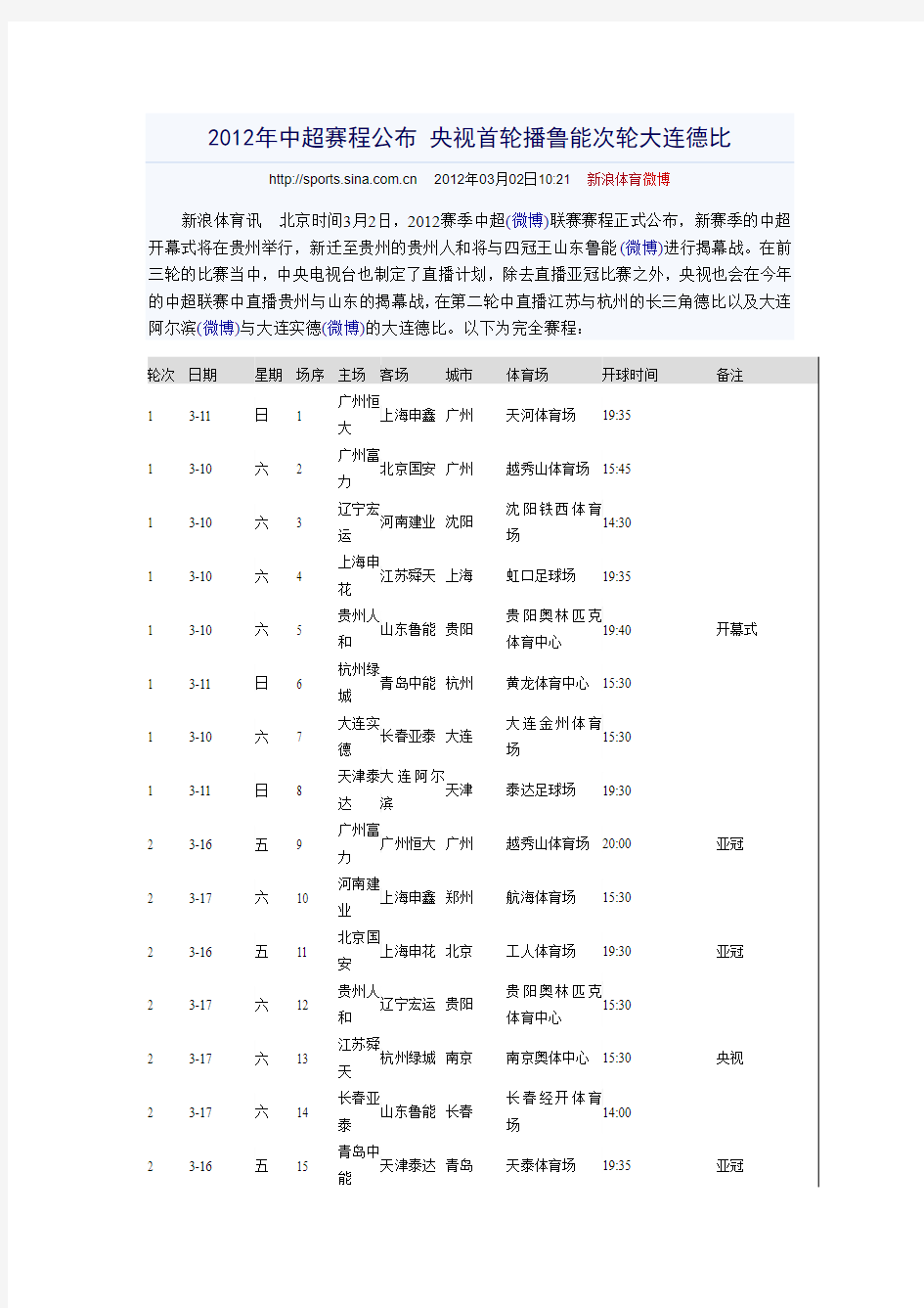 2012年中超赛程公布