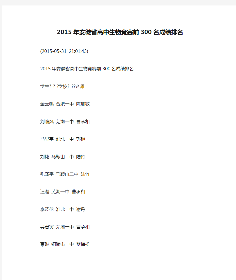 2015年安徽省高中生物竞赛前300名成绩排名