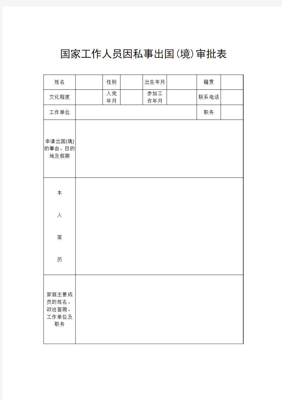 国家工作人员因私事出国(境)审批表