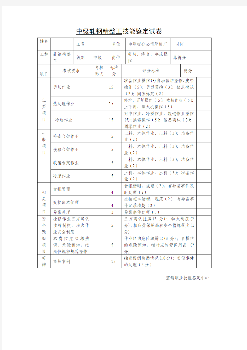 中级轧钢精整工技能鉴定试卷