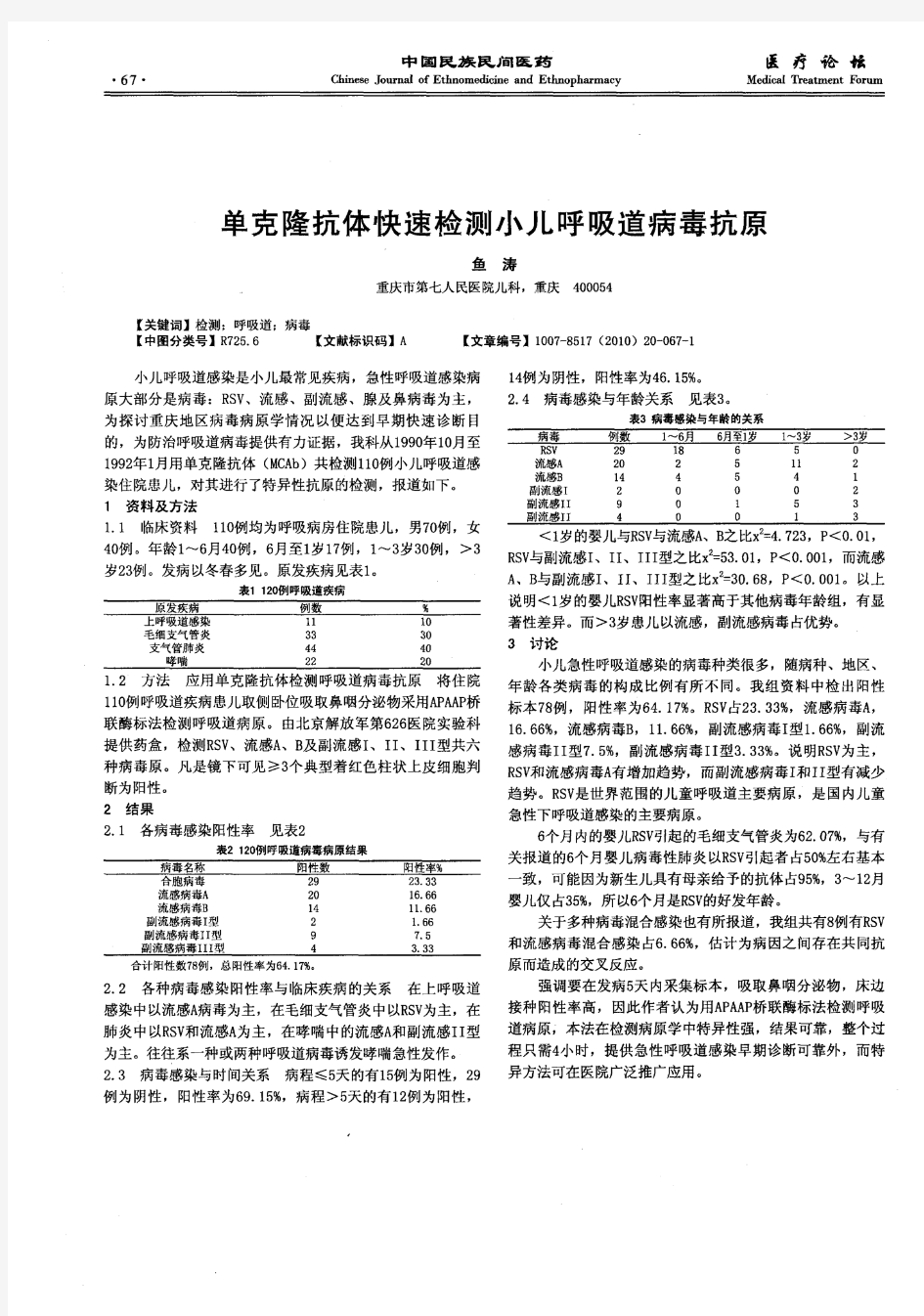 单克隆抗体快速检测小儿呼吸道病毒抗原