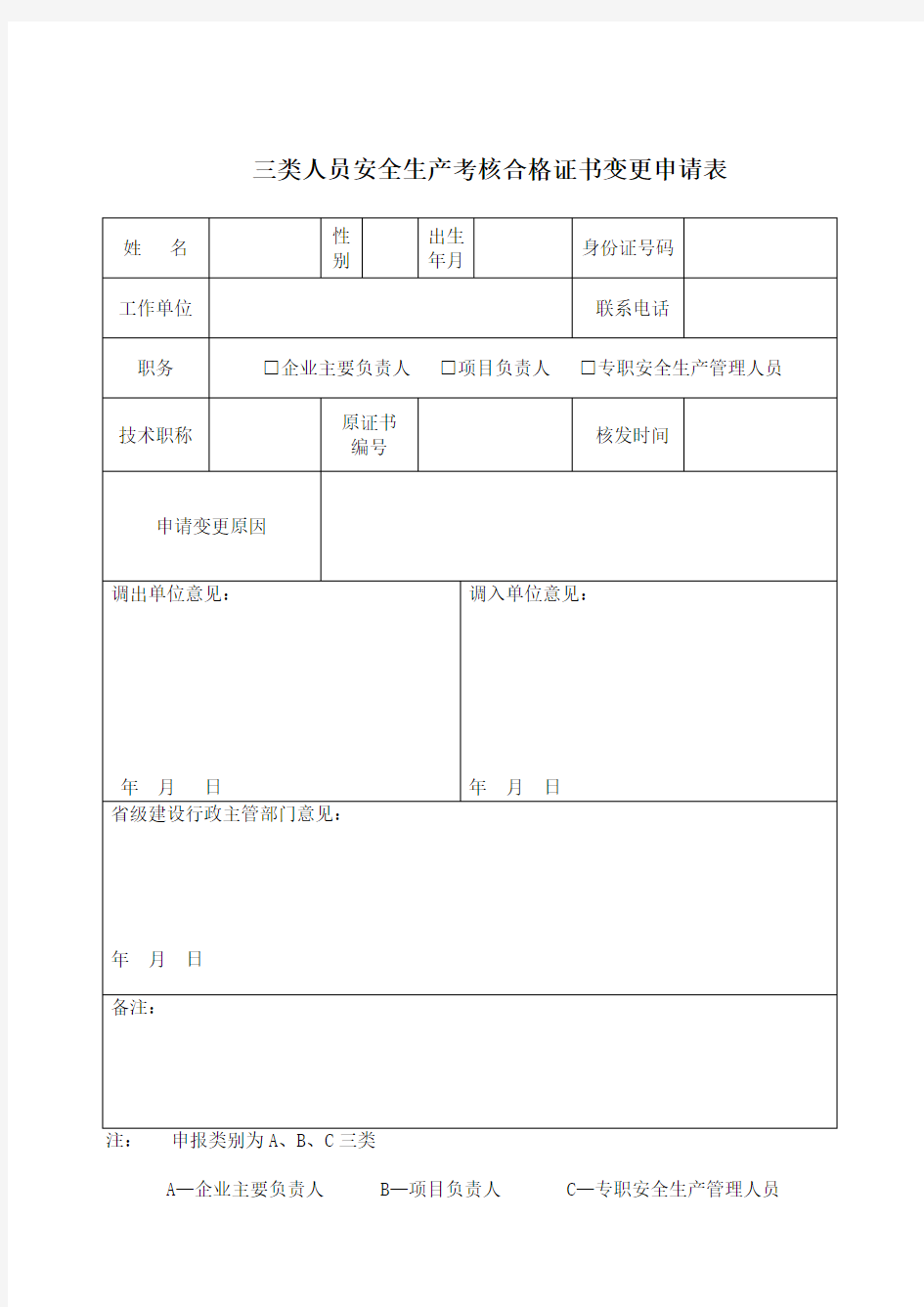 三类人员安全生产考核合格证书变更申请表