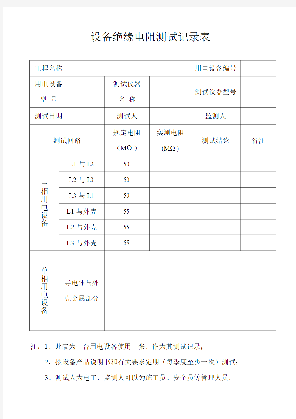 设备绝缘电阻测试记录表