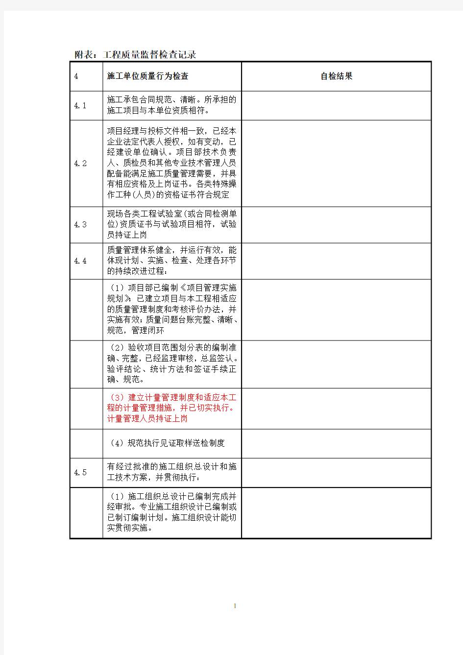 工程质量监督检查记录表(施工)