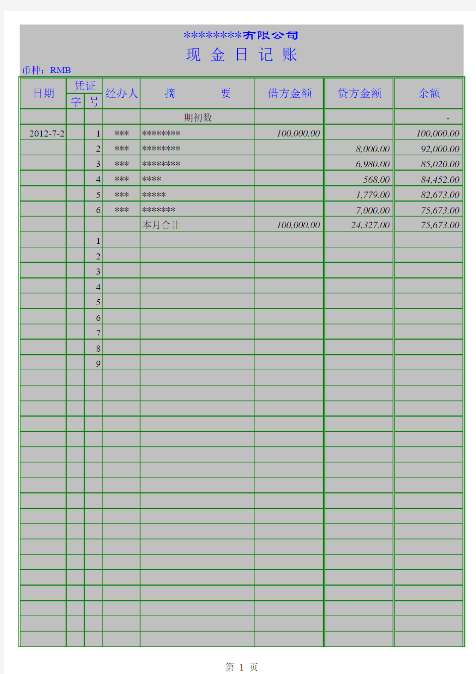 现金和银行日记账Excel模板