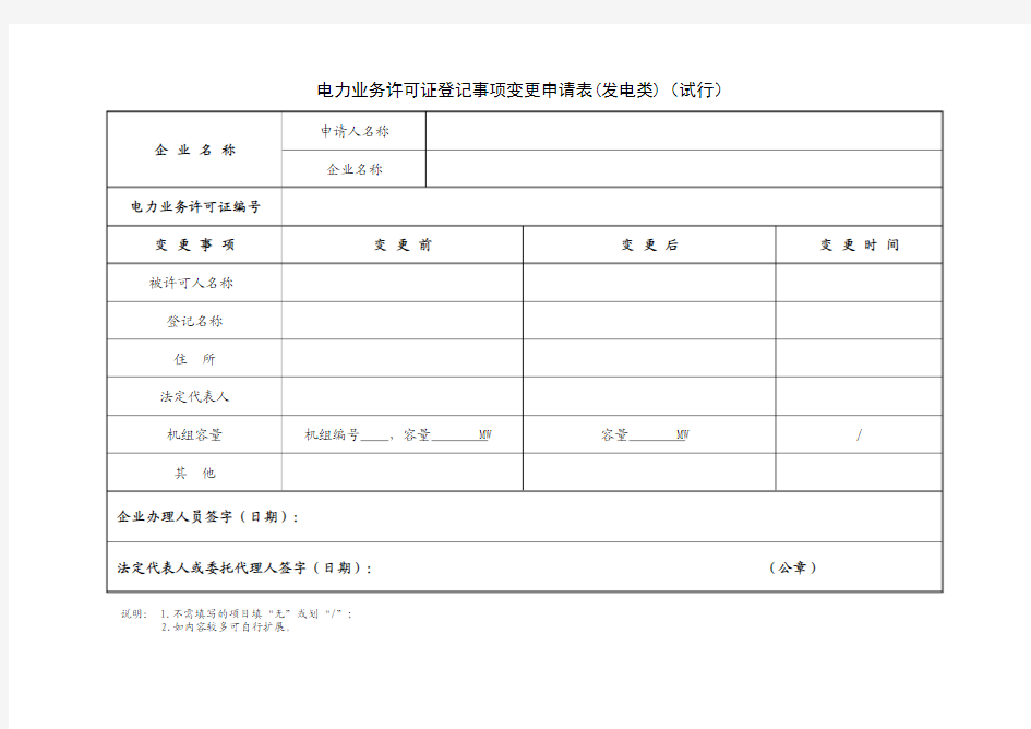 电力业务许可证登记事项变更申请表(发电类)(试行)