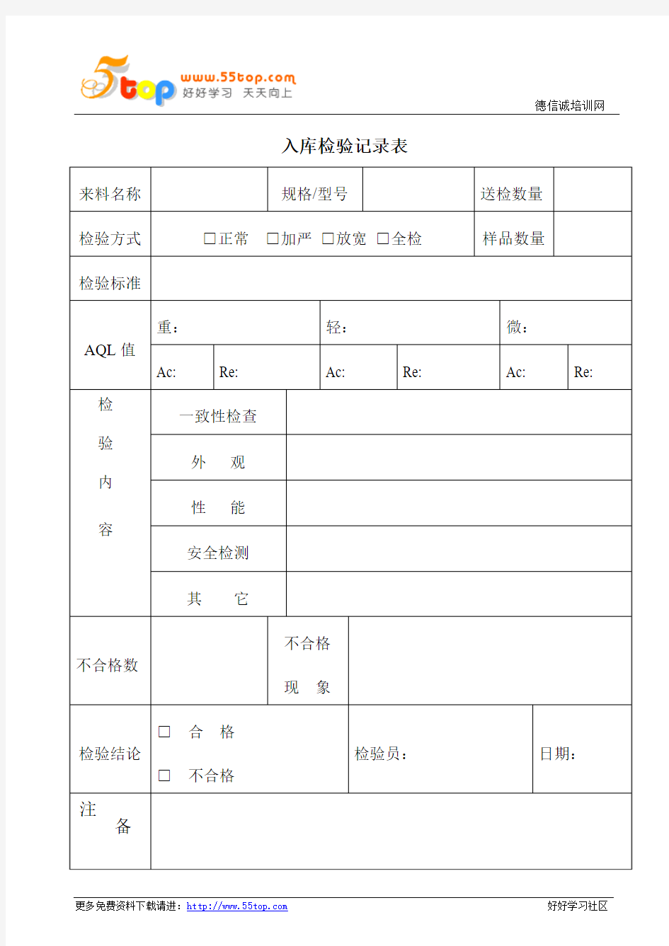 IQC入库检验记录表