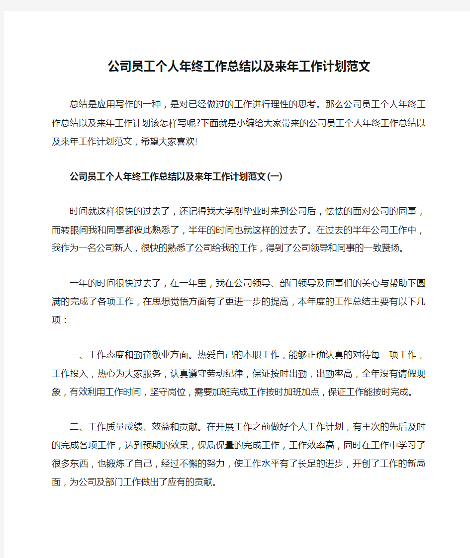 公司员工个人年终工作总结以及来年工作计划范文