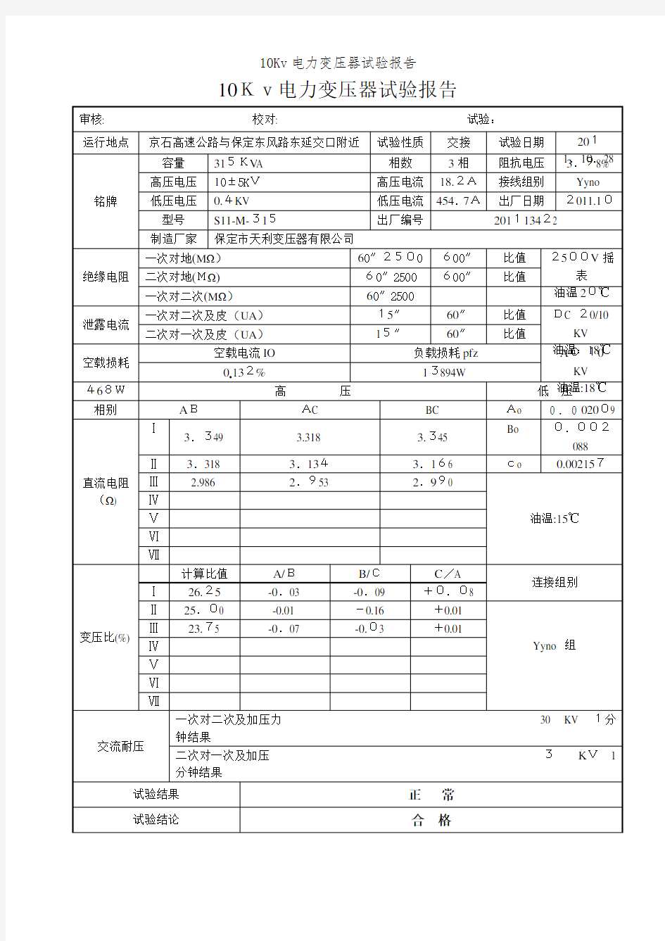 10Kv电力变压器试验报告