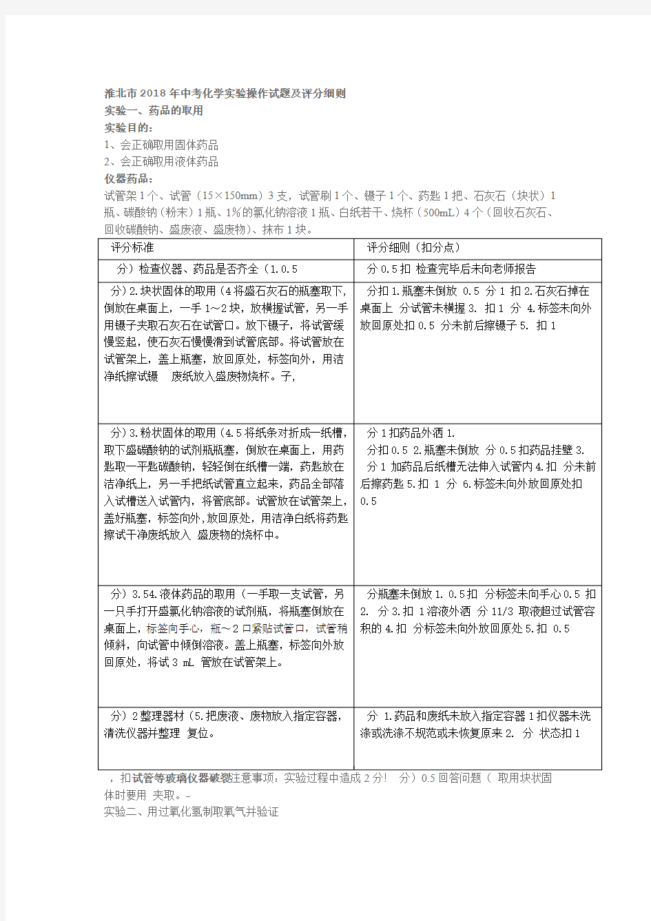 安徽省淮北市2018年中考化学实验操作考试试题和评分细则