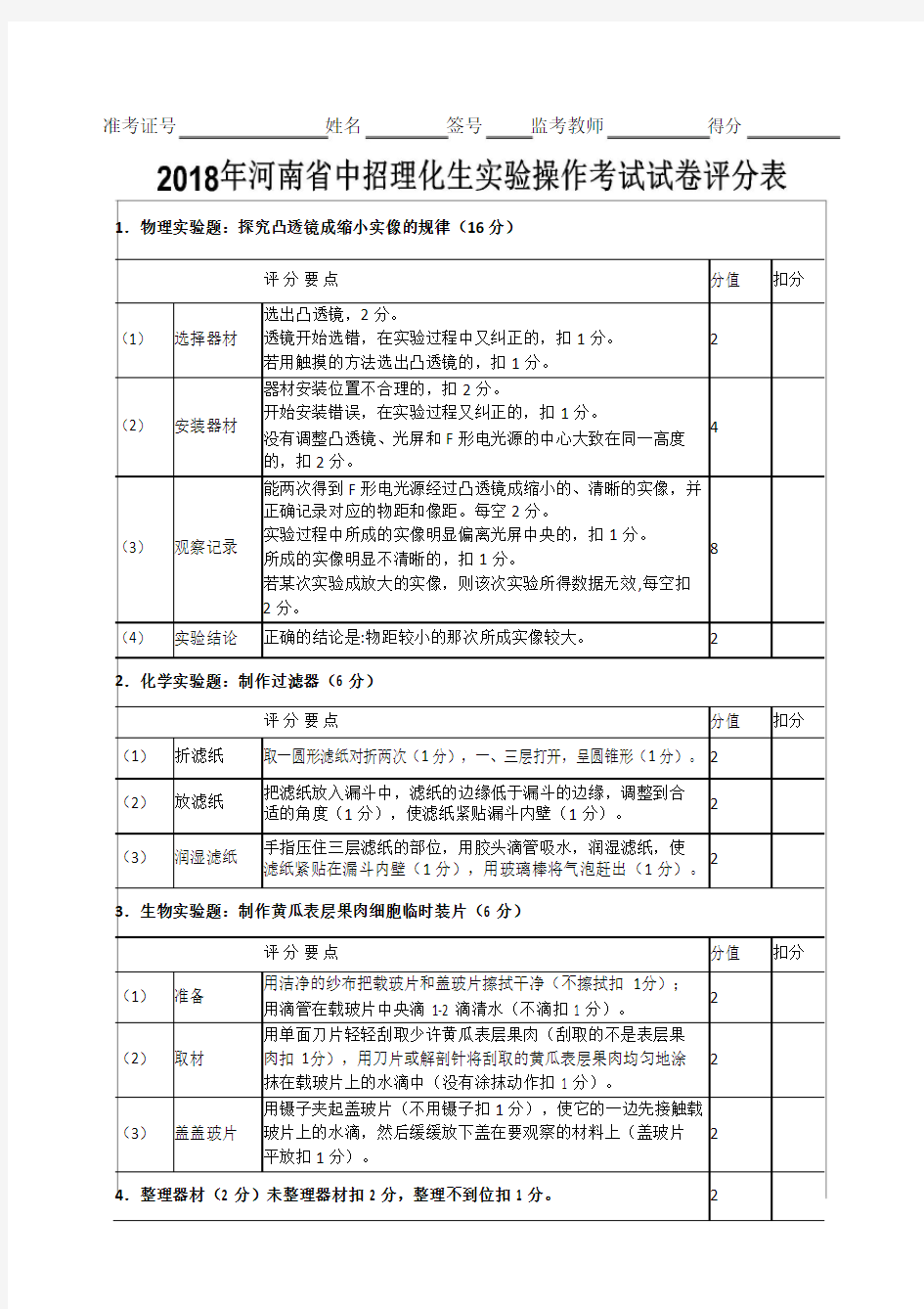 2018年河南省中招理化生实验考试评分标准