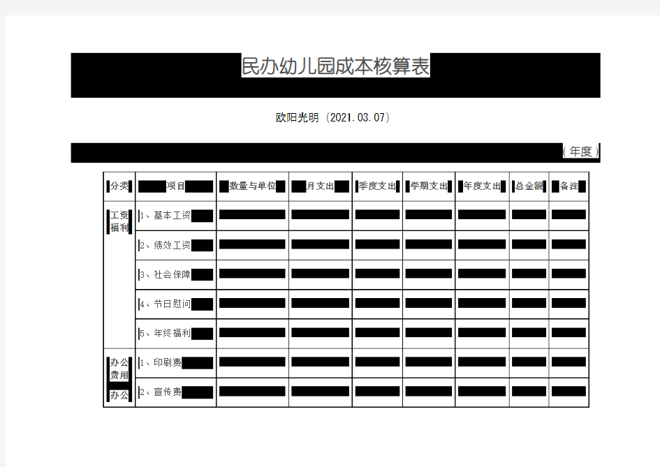 民办幼儿园成本核算表之欧阳光明创编