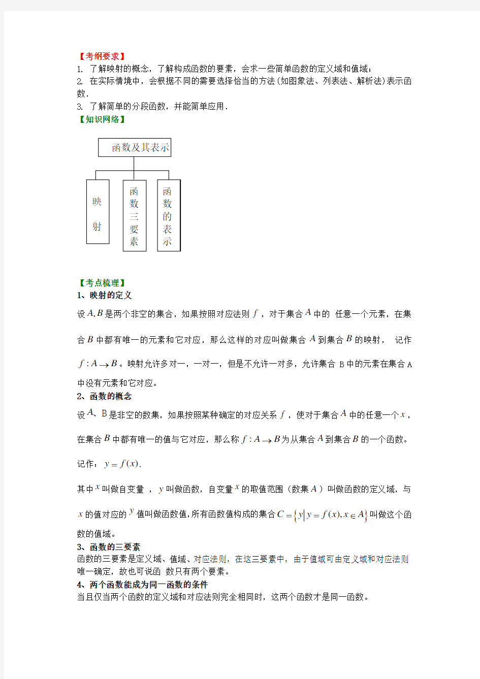 北京四中高考数学总复习 函数及表示知识梳理教案