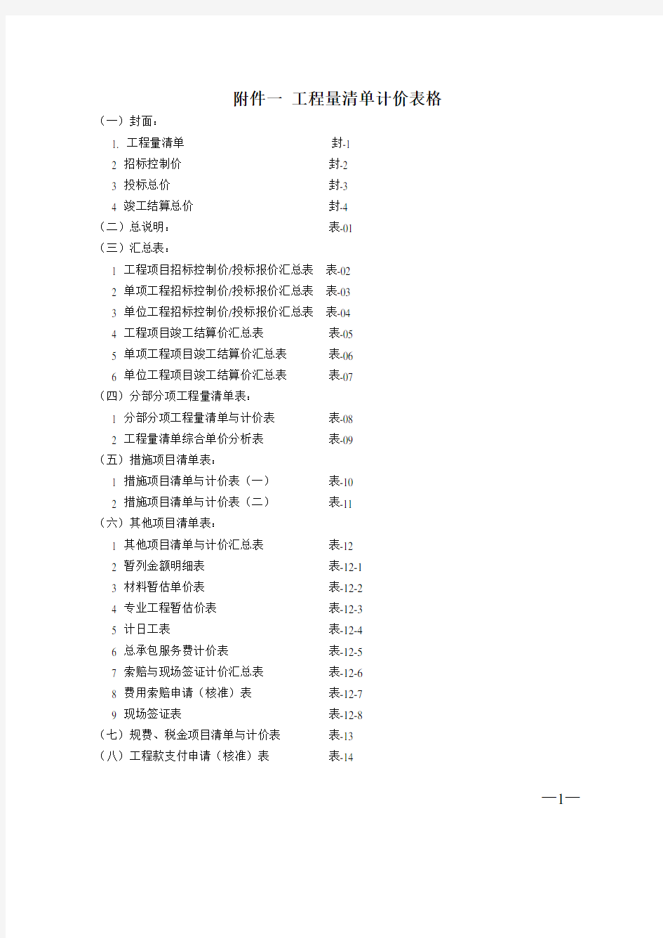 2013工程量清单计价完整表格.