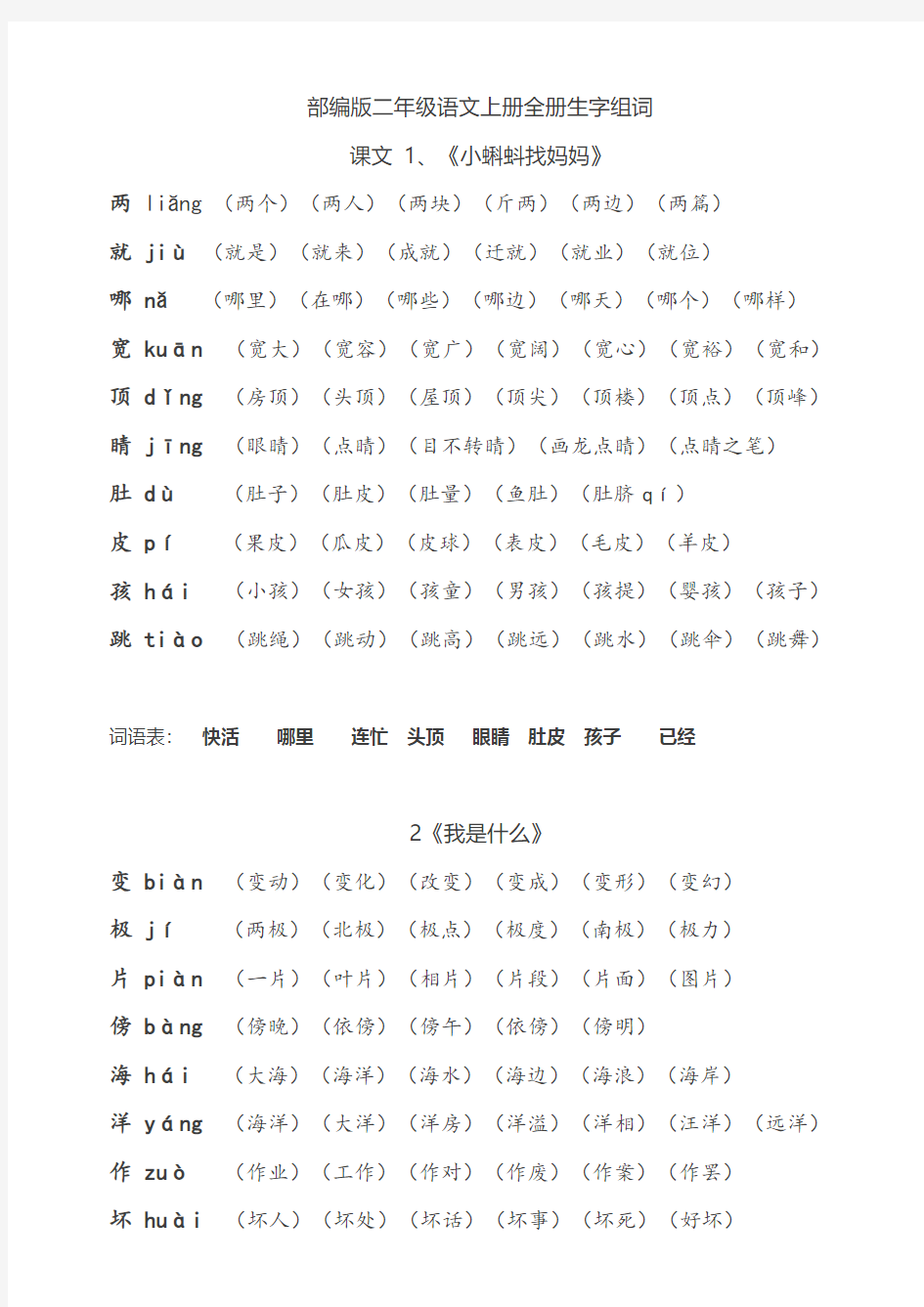 最新部编版二年级上册组词整理版