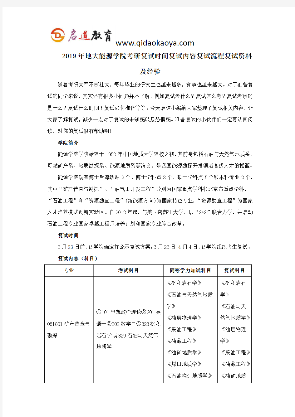 2019年地大能源学院考研复试时间复试内容复试流程复试资料及经验