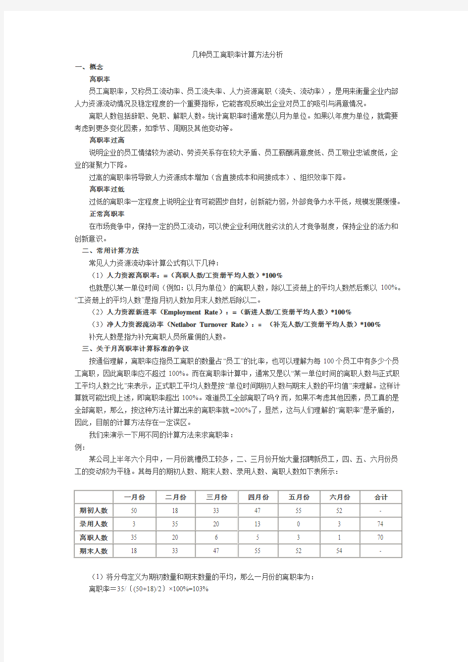 几种员工离职率计算方法分析