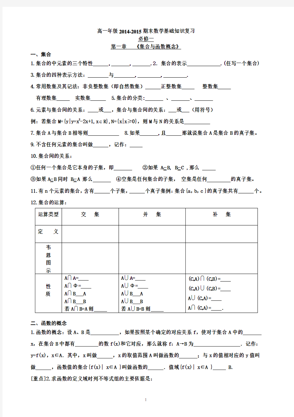 (完整word版)新课标高中数学必修1基础知识填空(自编)