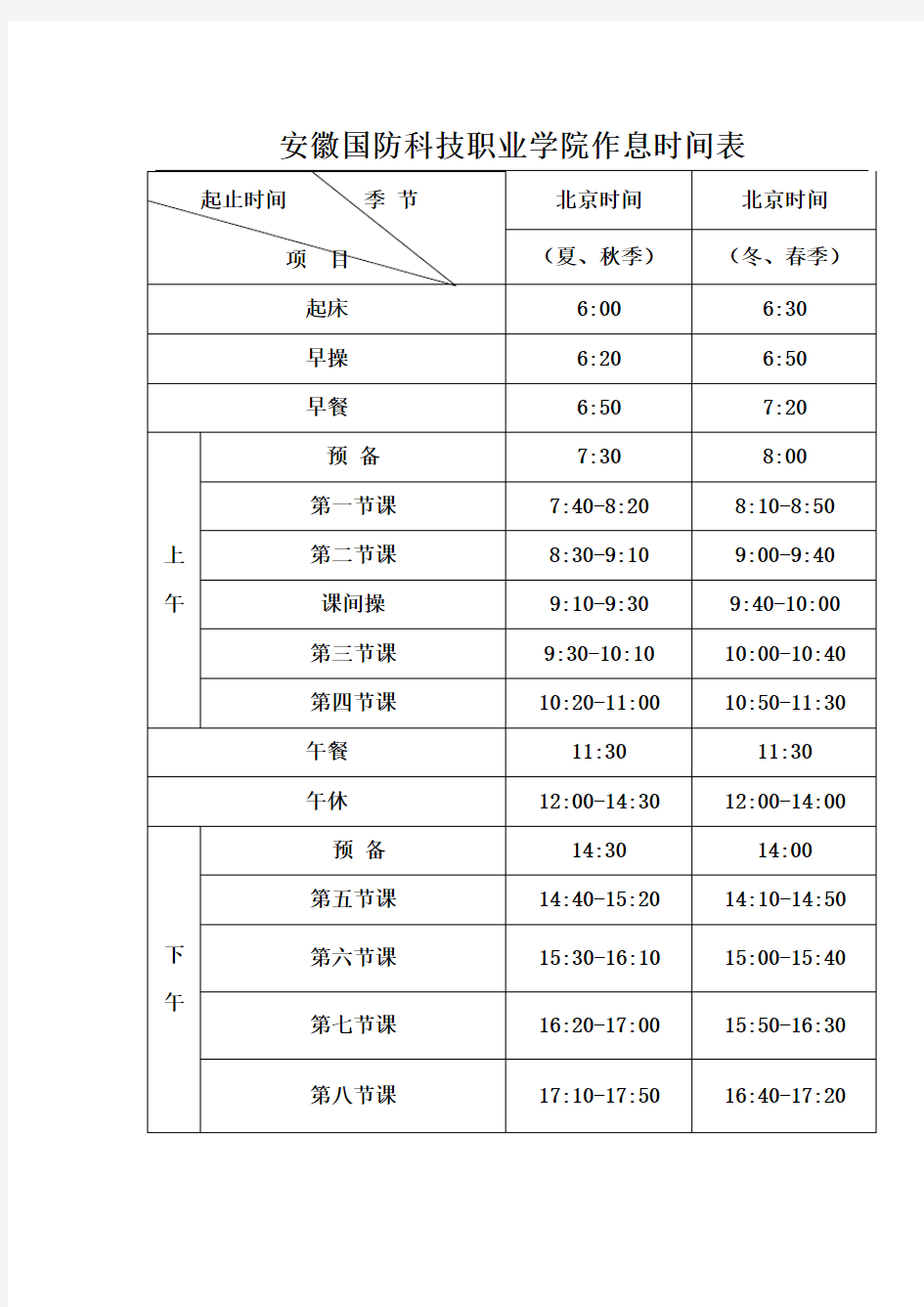 安徽国防科技职业学院作息时间表