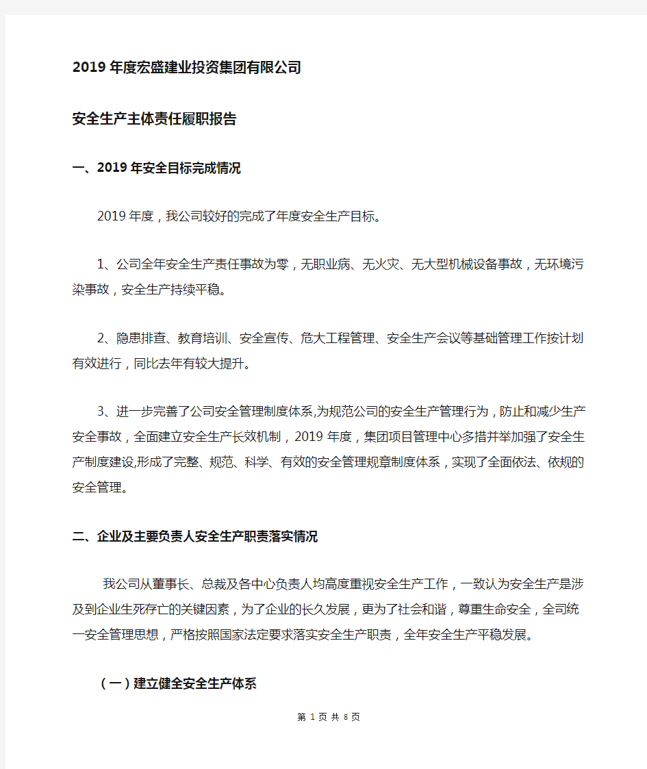 2019年度企业安全生产主体责任履职报告