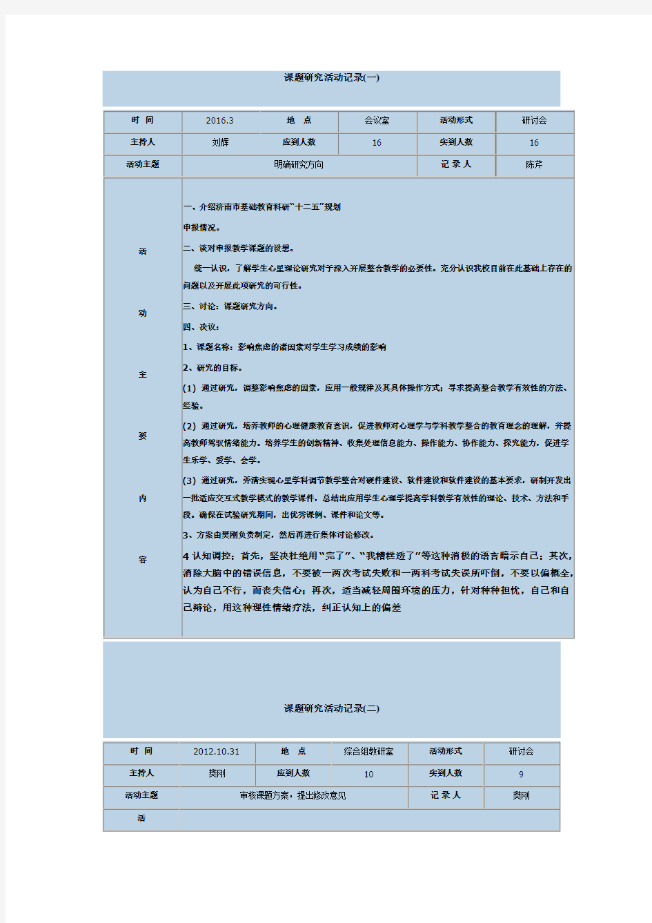 最新课题研究活动记录模板